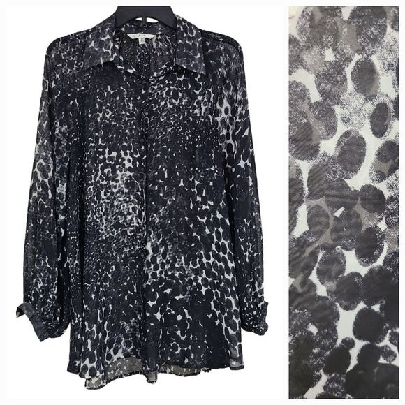 CAbi Sheer Blurred Dot Long Puff Sleeve Button Down Blouse Printed Oversized Top - Picture 1 of 11